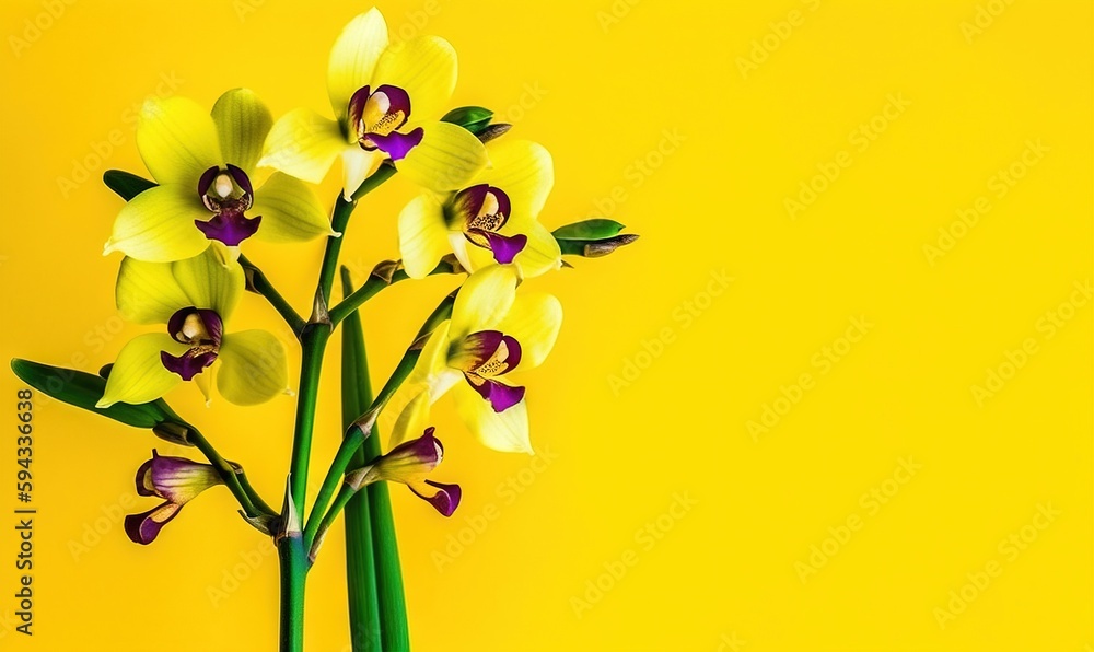  a bunch of yellow and purple flowers on a yellow background with a green stem and two purple flower