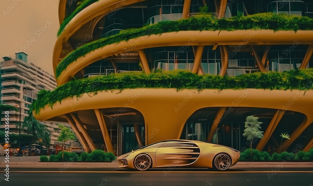  a yellow car parked in front of a building with a green plant growing on the side of its roof and 