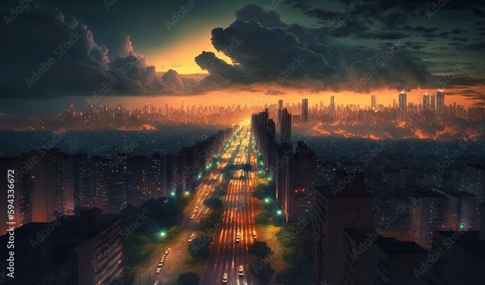  a city street with a lot of traffic at night with the sun setting in the distance and clouds in the