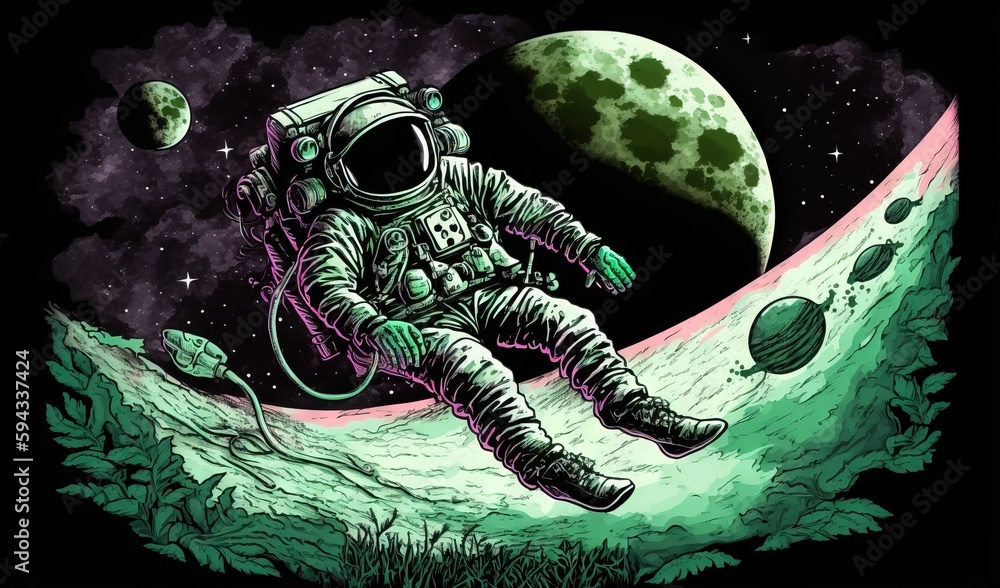  an astronaut floating on the surface of the moon with a green and purple background and a planet in