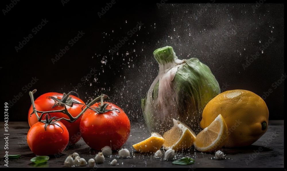  a group of fruits and vegetables are being sprinkled with flour on a black surface with a black bac