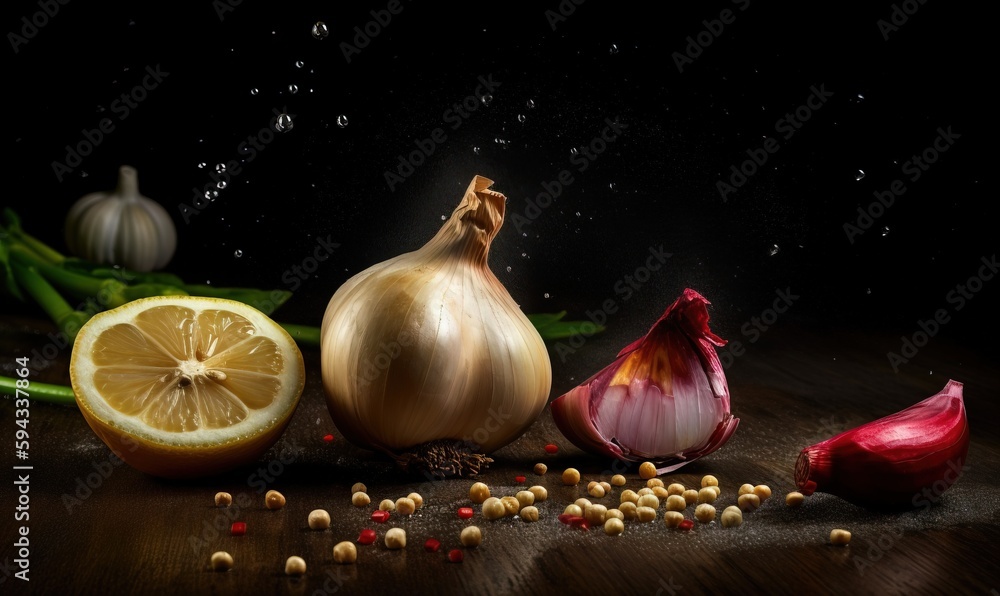  an onion, lemon, garlic, and pepper are on a wooden table with a black background and a splash of w