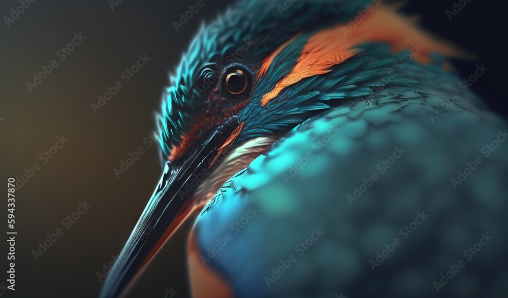  a close up of a colorful bird with a long beak and orange and blue feathers on its head, with a bl