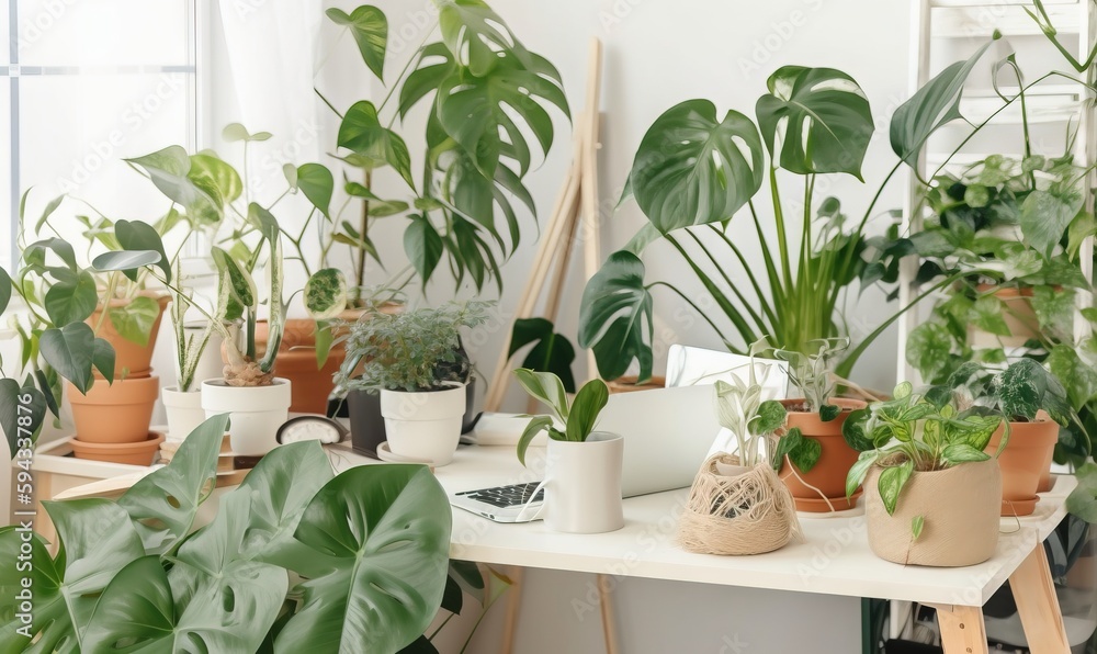  a table topped with lots of potted plants next to a white wall with a window behind it and a ladder