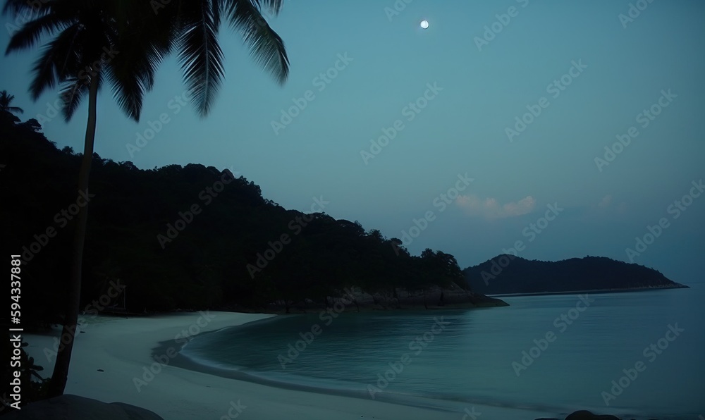  a beach with a full moon in the sky and a palm tree in the foreground and a small island in the dis