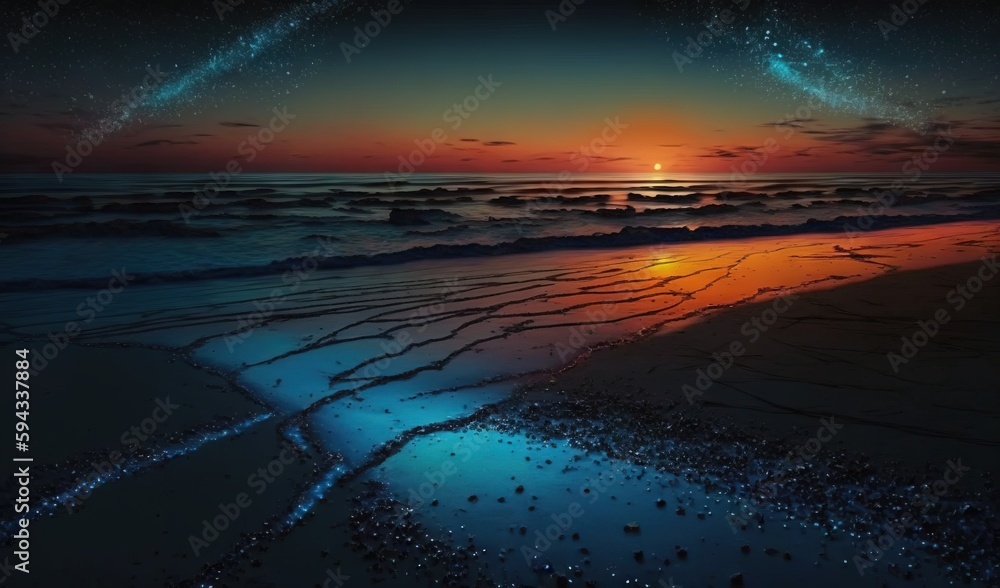  a painting of a sunset over the ocean with a bright star in the sky above the water and a beach wit