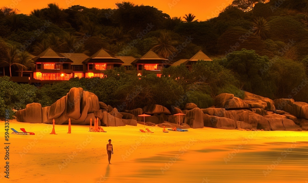  a person standing on a beach in front of a resort at night with a yellow glow on the water and tree