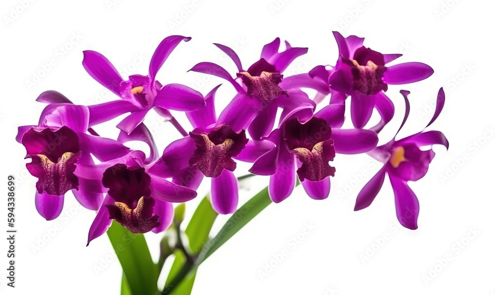  a bunch of purple orchids in a vase on a white background with a green stem in the center of the va