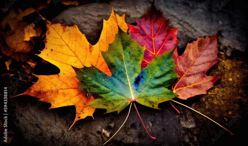  a couple of leaves laying on top of a stone floor next to a rock wall and a leaf laying on the grou