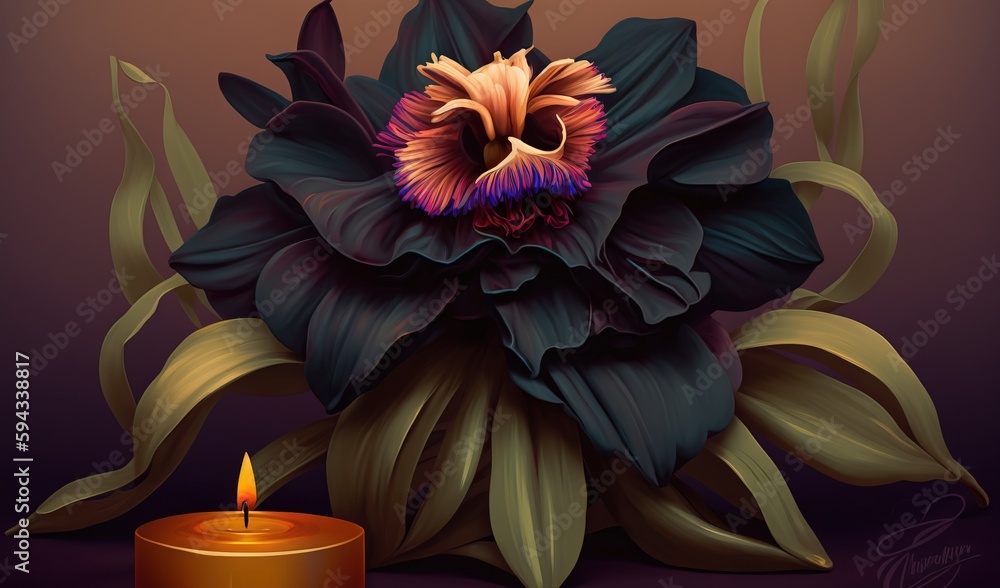  a painting of a flower with a candle in front of it on a purple background with a dark background a