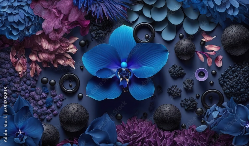  a blue flower surrounded by purple flowers and black balls on a blue background with black balls an