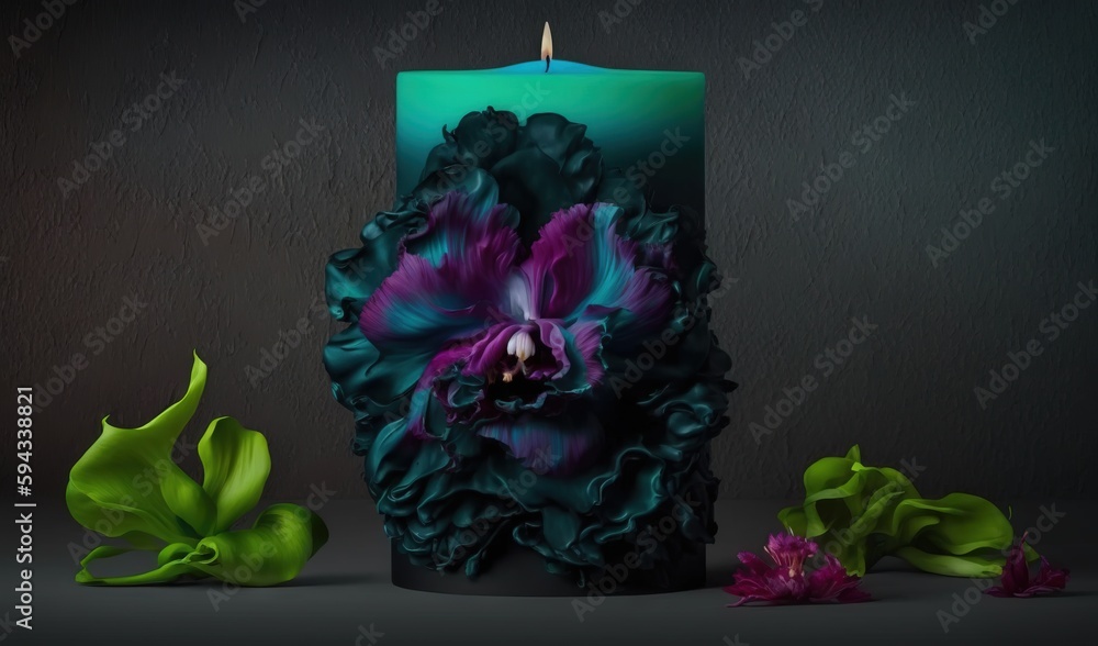  a green candle with a purple flower on top of it and a green plant next to it on a dark surface wit