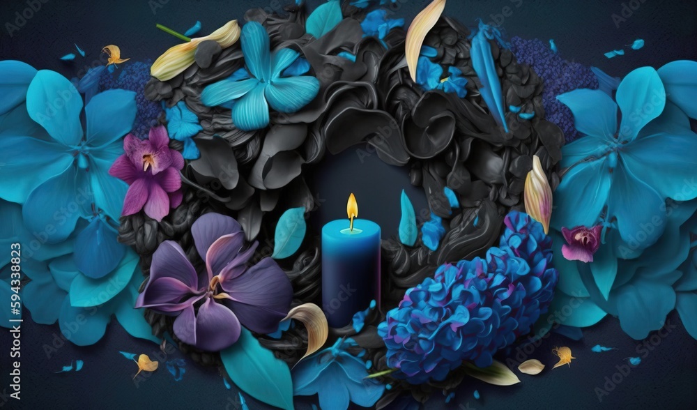  a blue candle surrounded by flowers and butterflies on a black background with a blue candle in the