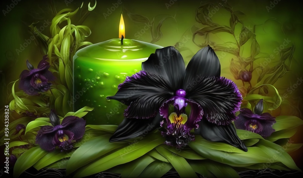  a candle and some flowers on a green surface with leaves and flowers in the foreground and a candle