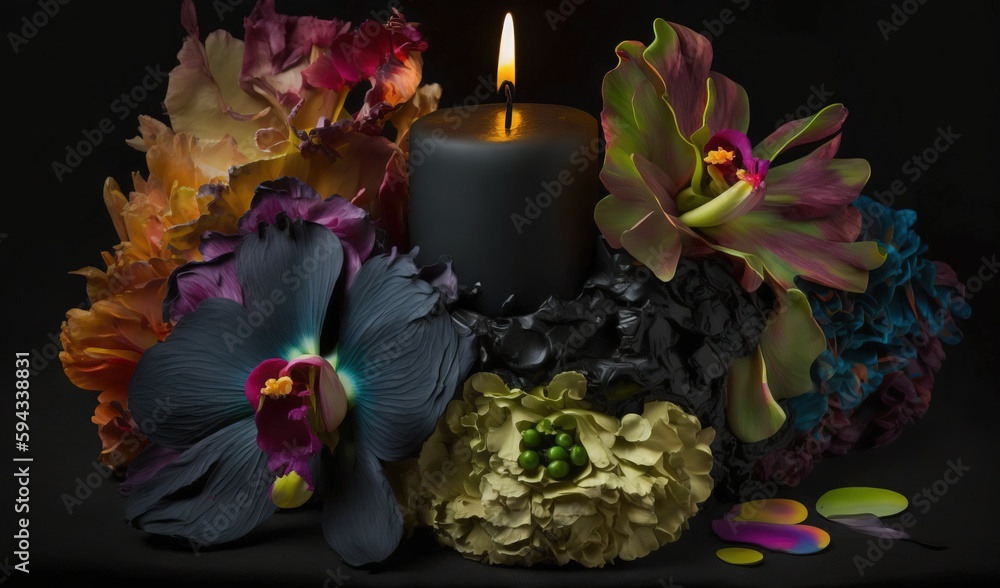  a candle surrounded by flowers and petals on a black background with a candle in the middle of the 