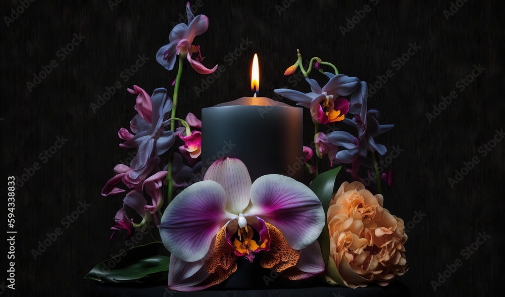  a candle with flowers and leaves on a black surface with a black background and a black background 