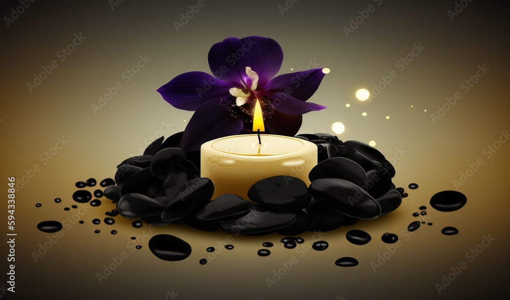  a candle with a candle holder on top of it surrounded by black rocks and water droplets, with a pur