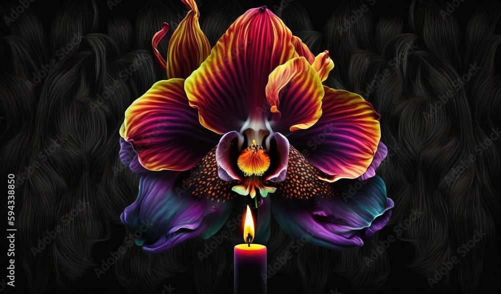  a flower with a lit candle in the middle of it on a black background with a pattern of leaves and a