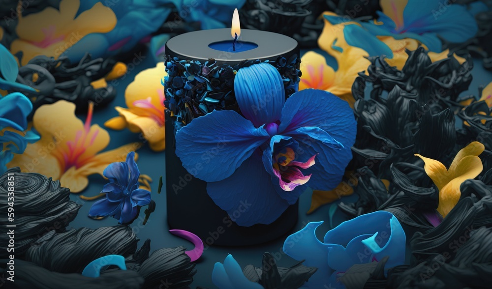  a candle with a blue flower on it surrounded by blue and yellow flowers and petals on a black surfa