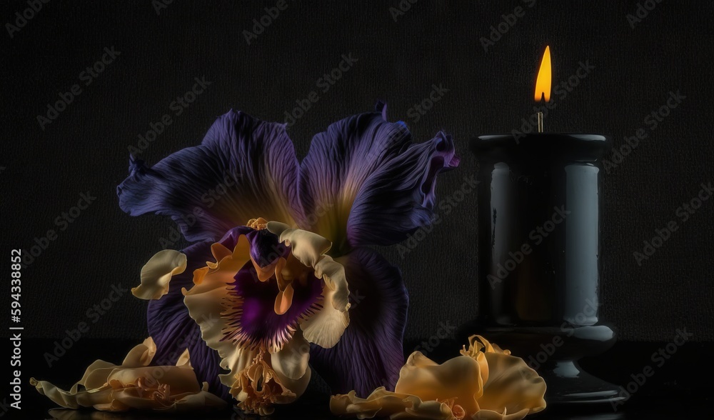  a purple flower sitting next to a black candle on a black tablecloth with a black candle holder in 