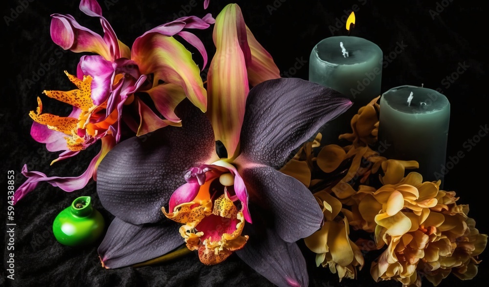  two candles and some flowers on a black background with a black background and a black background w