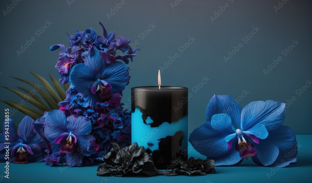  a blue candle and some purple flowers on a blue tablecloth and a blue background with a black candl