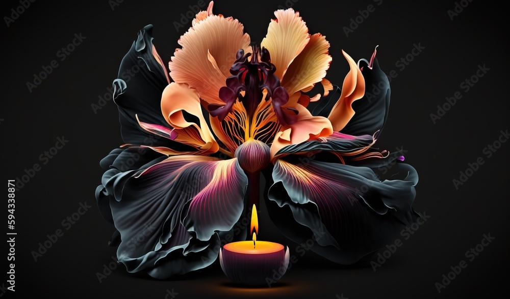  a flower with a candle in it on a black background with a black background and a black background w