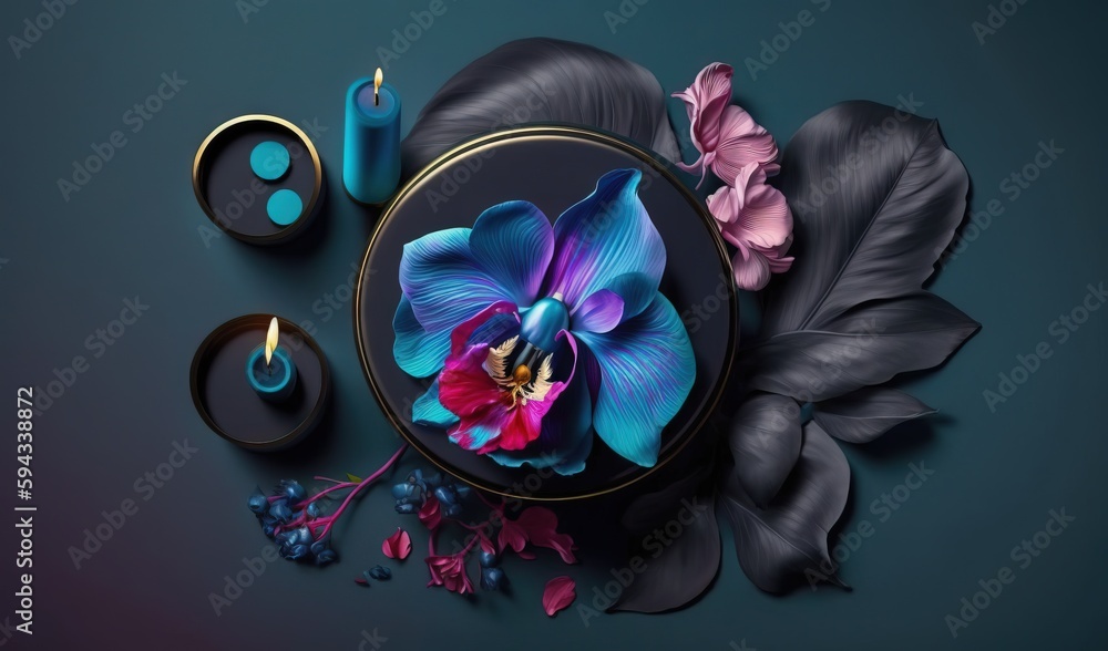  a blue flower surrounded by other items on a blue background with a gold ring and a candle in the m