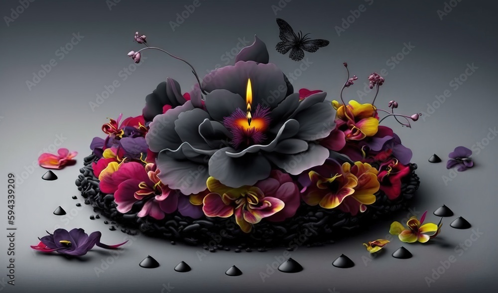  a cake with flowers and butterflies on top of it, surrounded by drops of water and a butterfly flyi