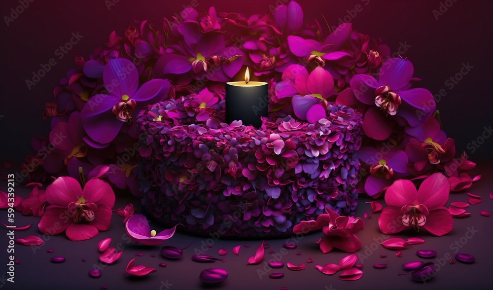  a purple cake with a lit candle surrounded by purple flowers on a dark background with petals scatt