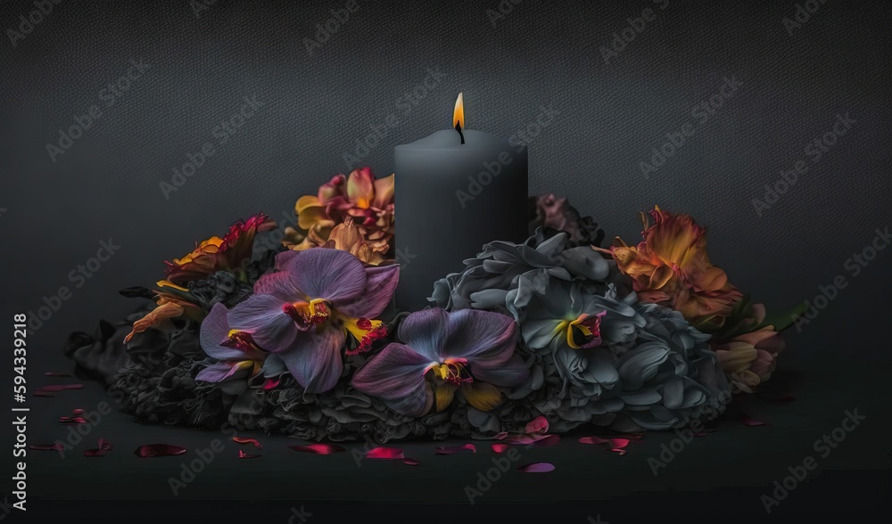  a lit candle surrounded by flowers on a black background with a black background behind it and a bl