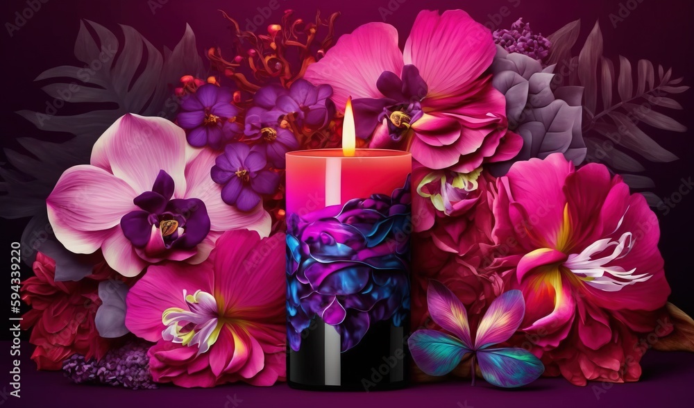  a colorful candle surrounded by flowers on a purple background with a purple butterfly on the top o