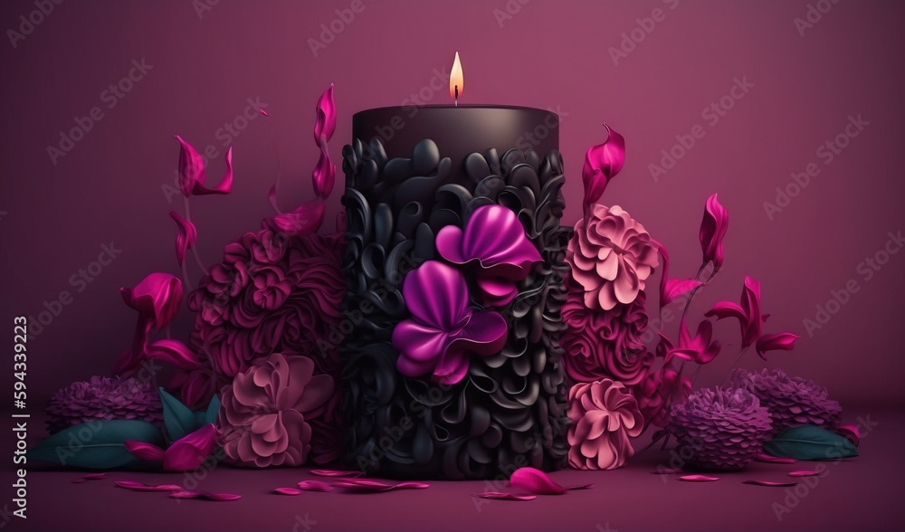  a black candle surrounded by purple flowers and petals on a purple background with a purple backgro