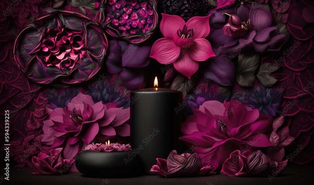  a candle with a lit candle in front of a wall with flowers on it and a vase with a candle in the mi