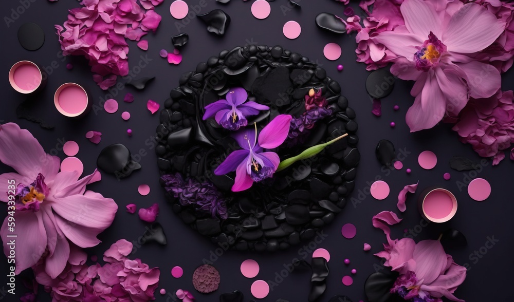  a purple flower sitting on top of a black plate surrounded by pink and purple flowers and petals on