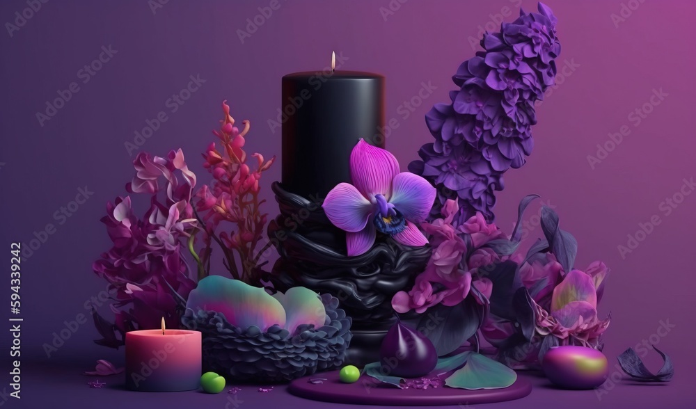  a candle surrounded by purple flowers and other items on a purple background with a purple hued bac