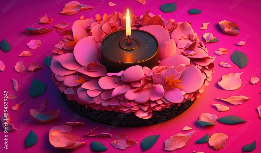  a pink cake with a lit candle surrounded by petals and petals on a pink background with leaves and 