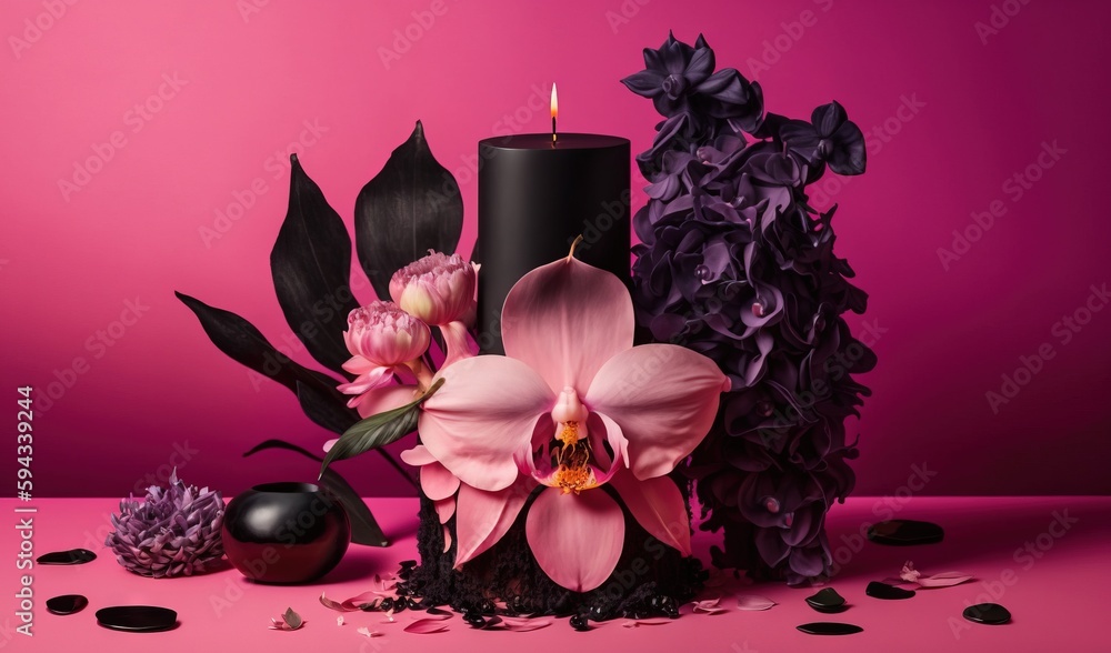  a candle, flowers, and other decorative items on a pink surface with black dots around the edges of