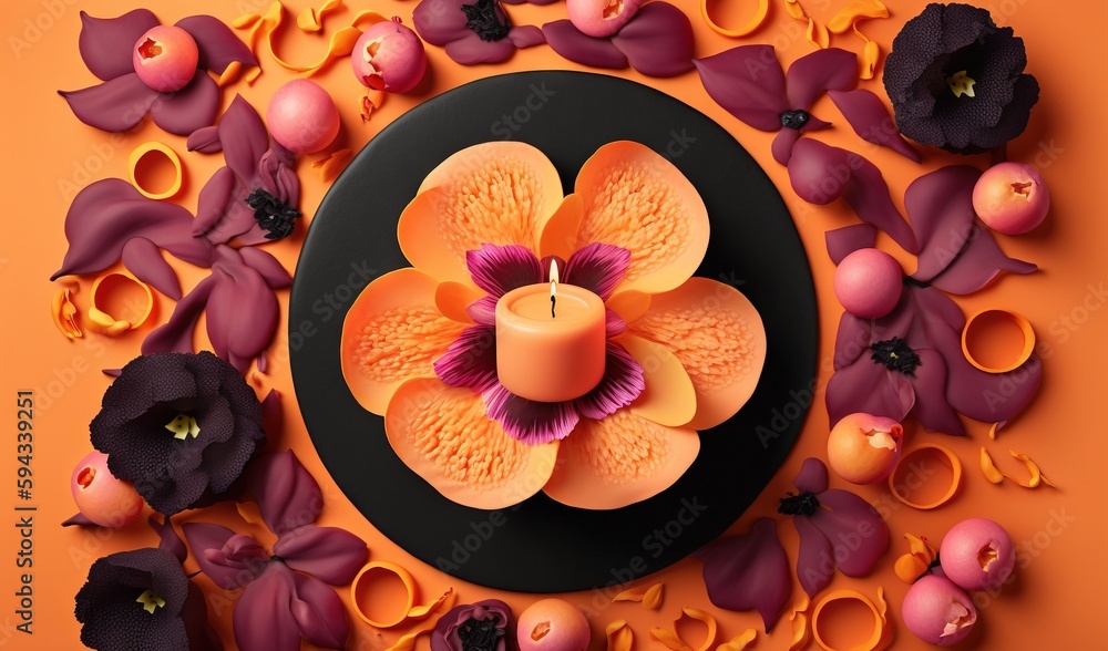  a black plate topped with a flower surrounded by purple and orange flowers on an orange background 