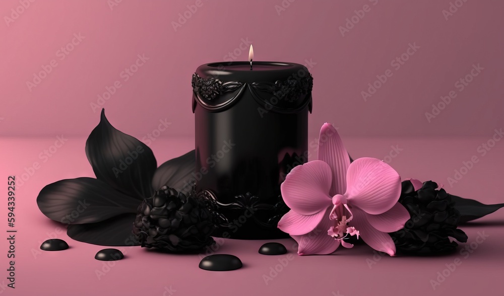  a black candle with a pink flower and black stones on a pink background with a pink flower on the s