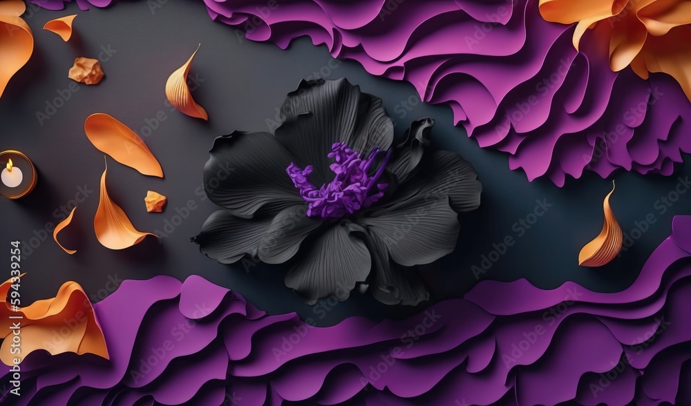  a purple and orange flower on a black background with a candle in the middle of the petals and peta