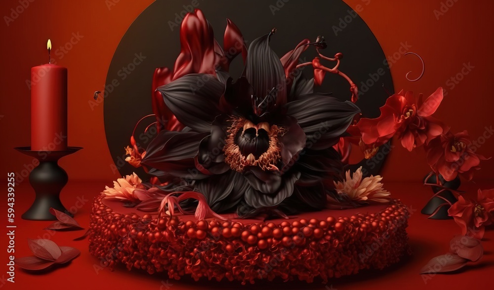  a black and red flower on a red surface with a candle and a black candle holder in the middle of th