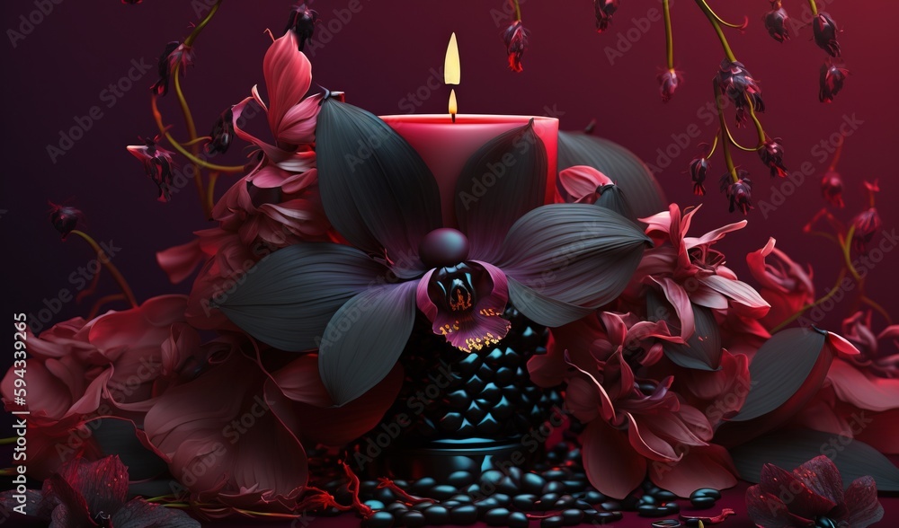  a candle with a flower arrangement in front of a purple background with red and pink flowers and le