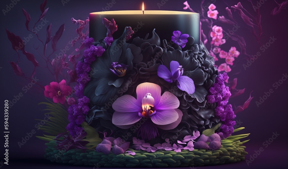  a candle that is sitting on a table with purple flowers on it and a candle in the middle of the can