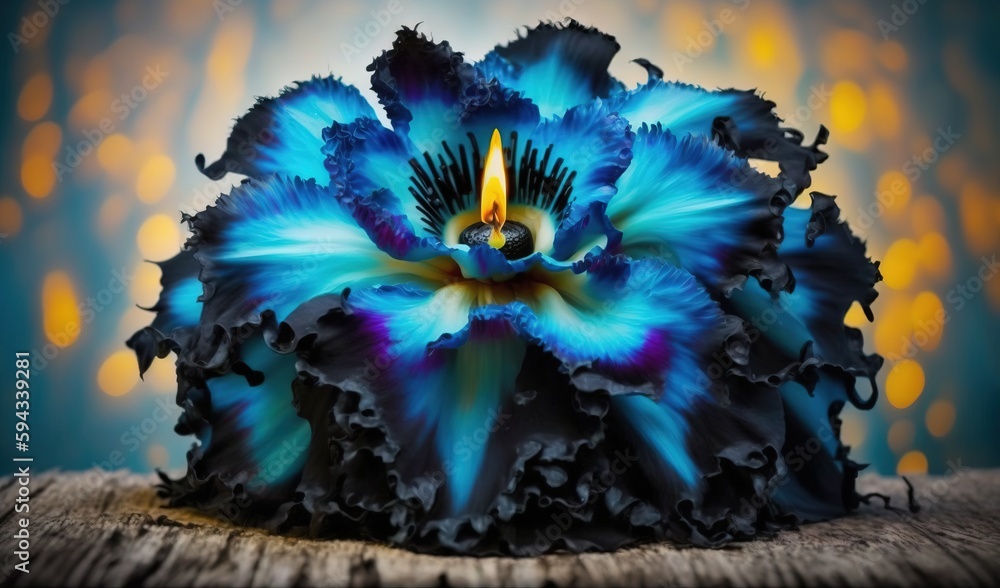  a blue flower with a candle in the middle of it on a table with a blurry background and a wooden ta