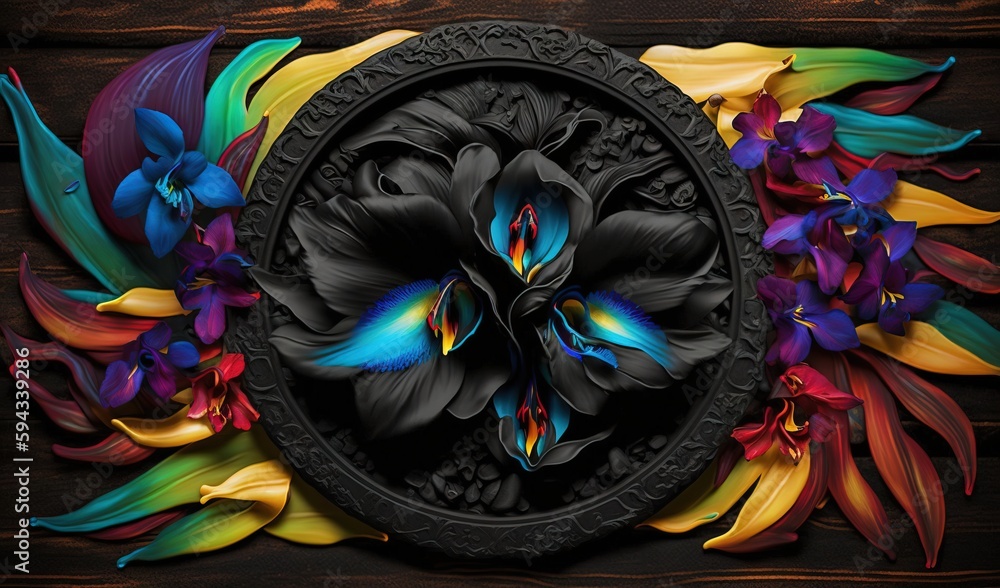  a painting of flowers in a circular frame on a wooden background with a black border around the edg