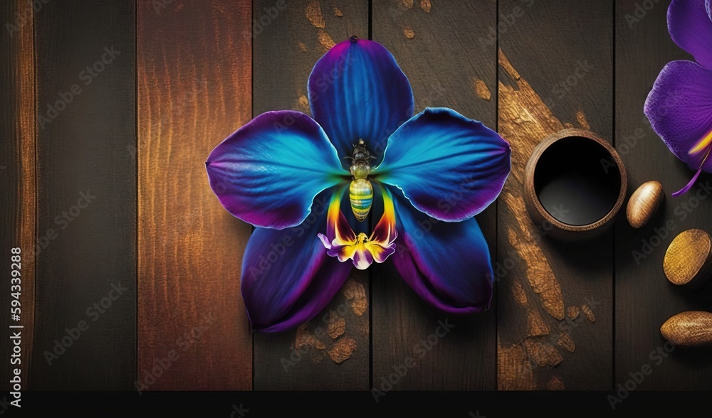  a purple flower with a bee on it next to a cup of coffee and almonds on a wooden table with a woode