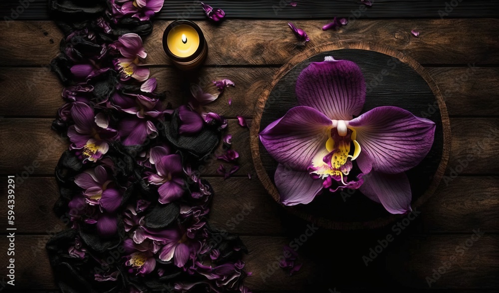  a purple flower sitting on top of a wooden table next to a candle and some petals on a table top wi