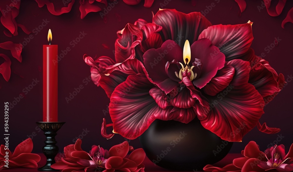  a vase with a flower and a candle on a table with red flowers and petals around it, with a dark bac