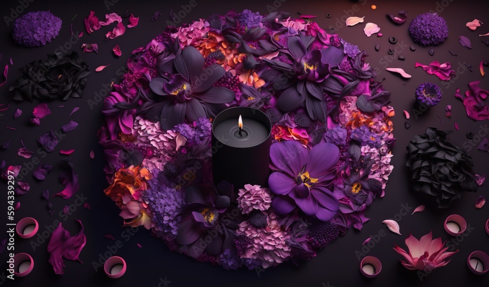  a candle surrounded by purple flowers and petals on a black background with petals scattered around